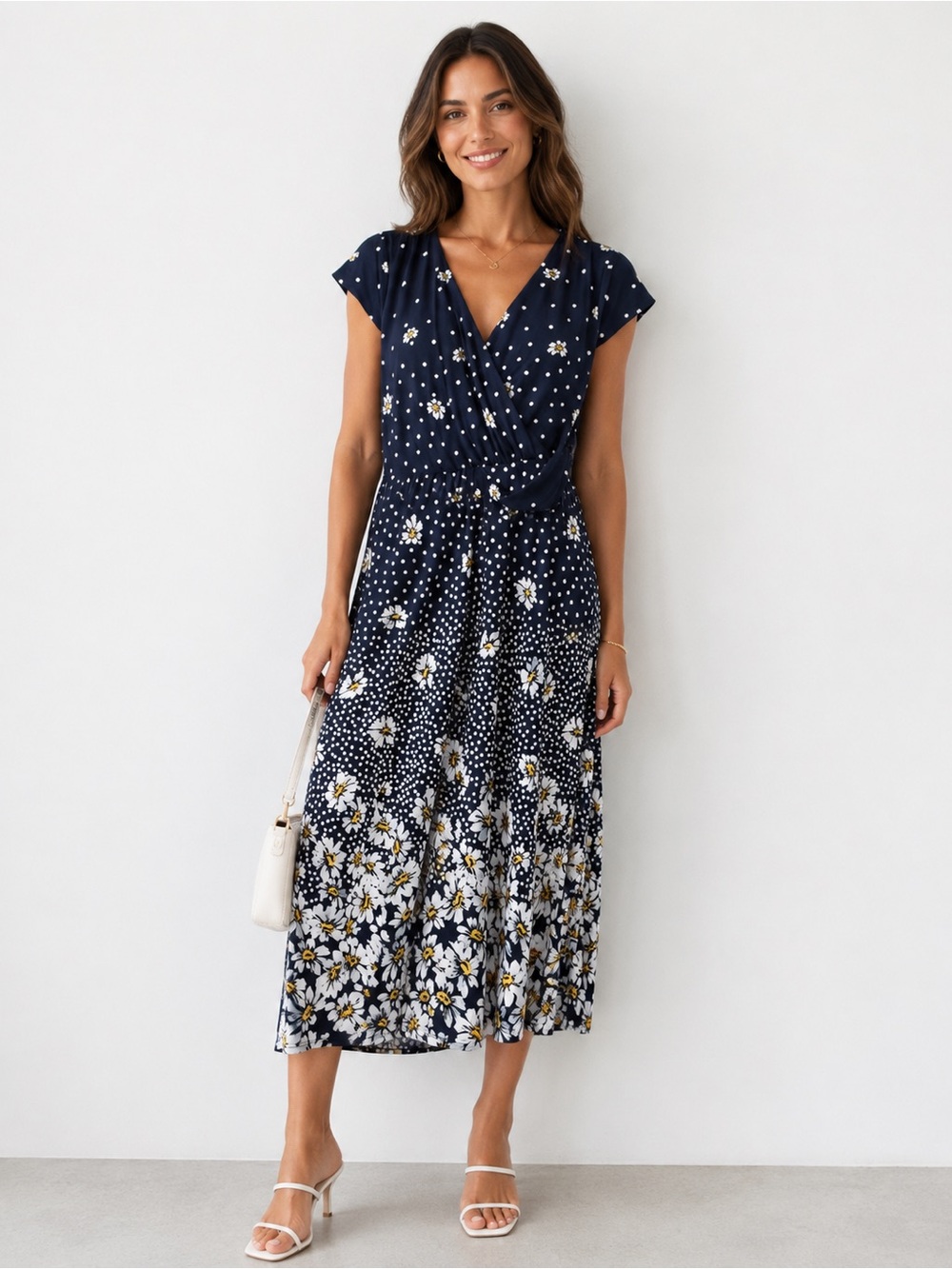 R&K Navy Floral Polka Dot Faux Wrap Midi Dress Cottagecore Romantic Sz 10 NWT
